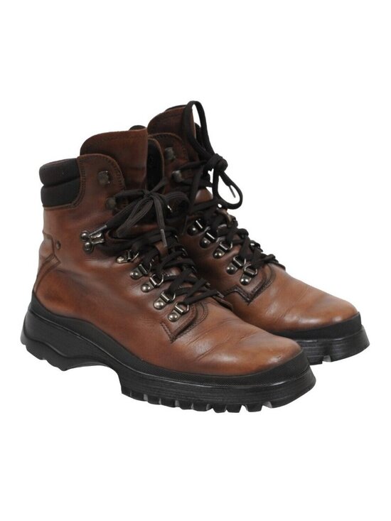 Prada Brixxen Combat Hiking Boots US 8.5 UK7.5 Brown Leather Lug Winter Snow